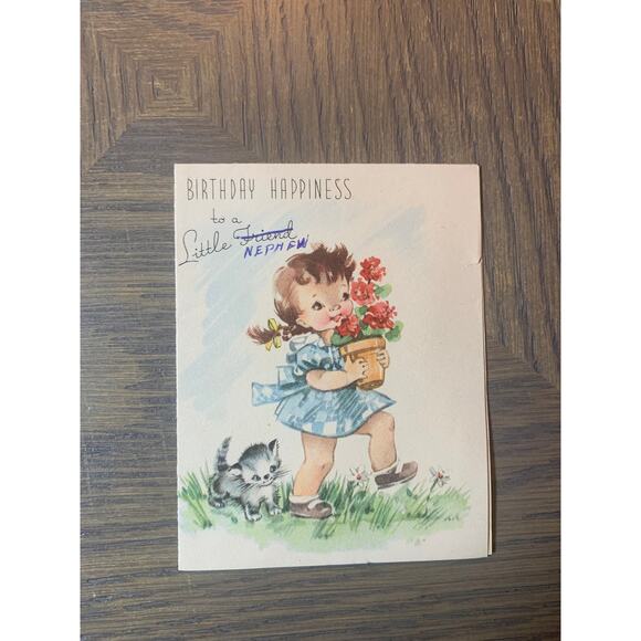 Girl with Kitten Carrying a Flowerpot, Birthday Happiness, 1950s Vintage - Picture 1 of 3